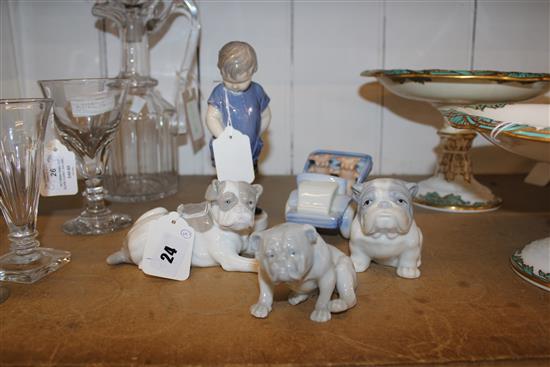 2 Gebruder Heubach ceramic bulldogs, another bulldog, Copenhagen boy with teddy & similar style model, car & pigs